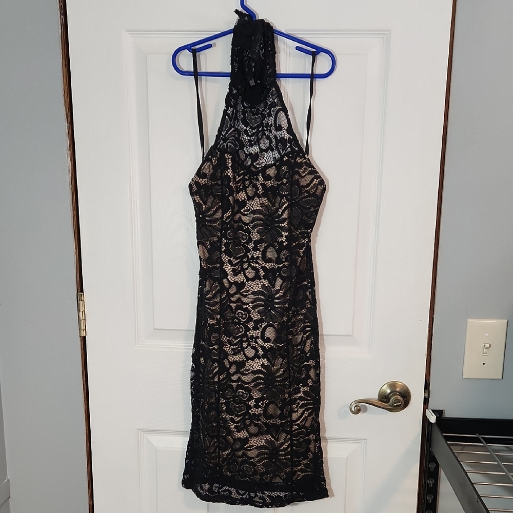 Black Lace Halter Sheath Dress with Nude Lining